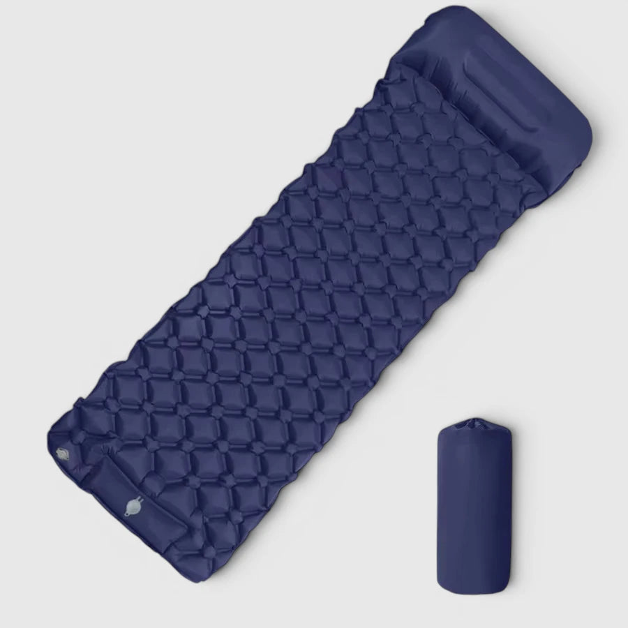 matelas gonflable bleu sur fond blanc
